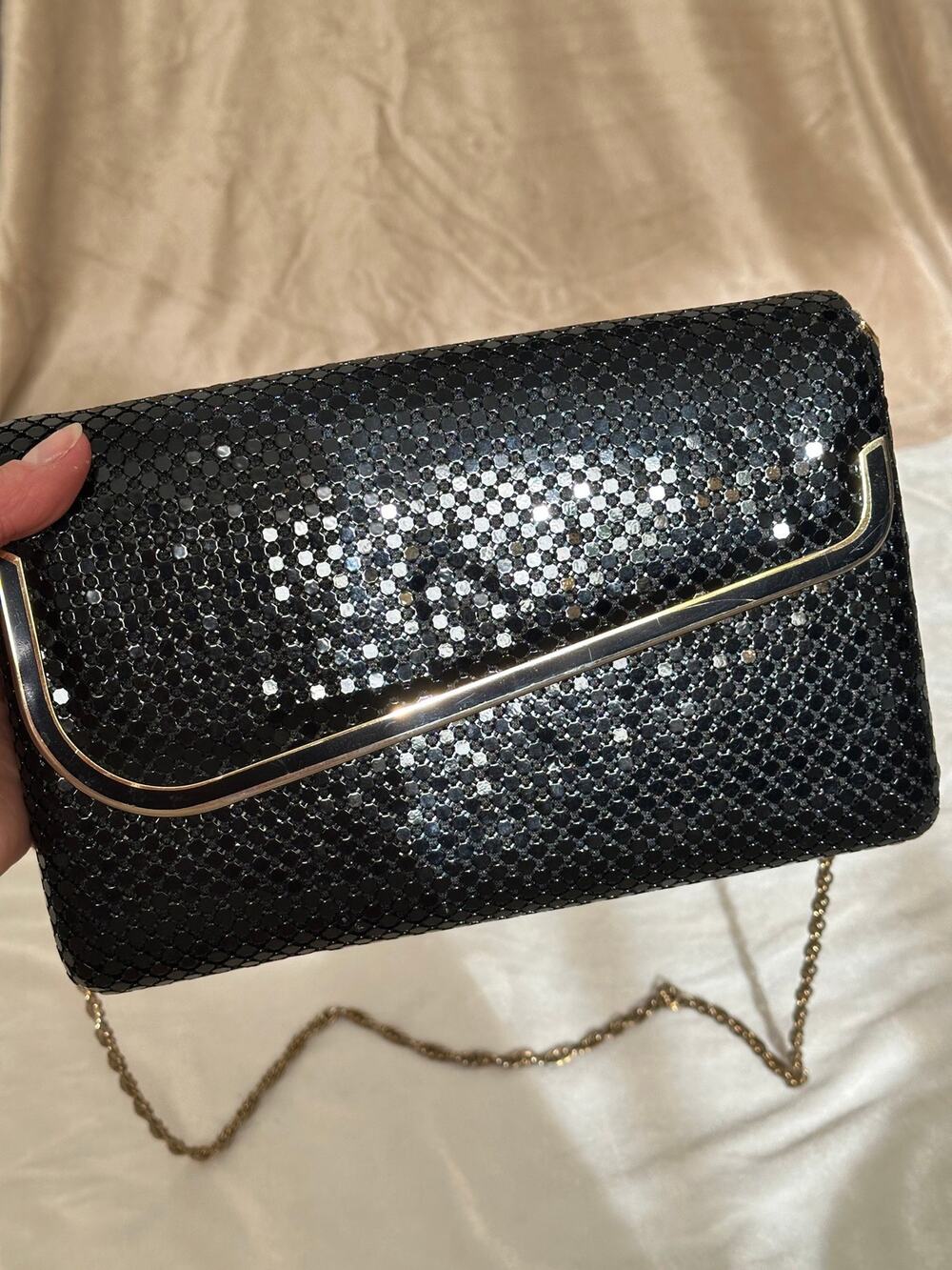 Vintage Black Metal Mesh Chainmail Evening Clutch Glam Purse Handbag Shoulderbag